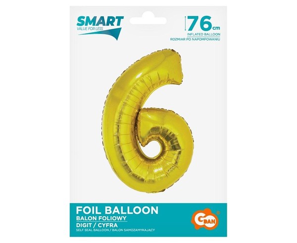 Balon foliowy cyfra 6 złota Smart 76cm