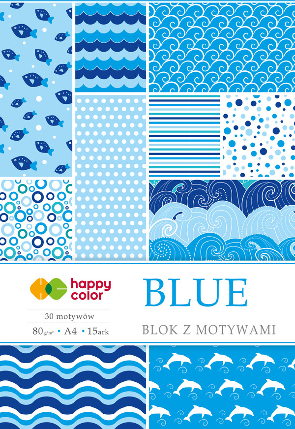 Blok happy color z motywami blue a4 15 arkuszy 80g/m2, 30 motywów
