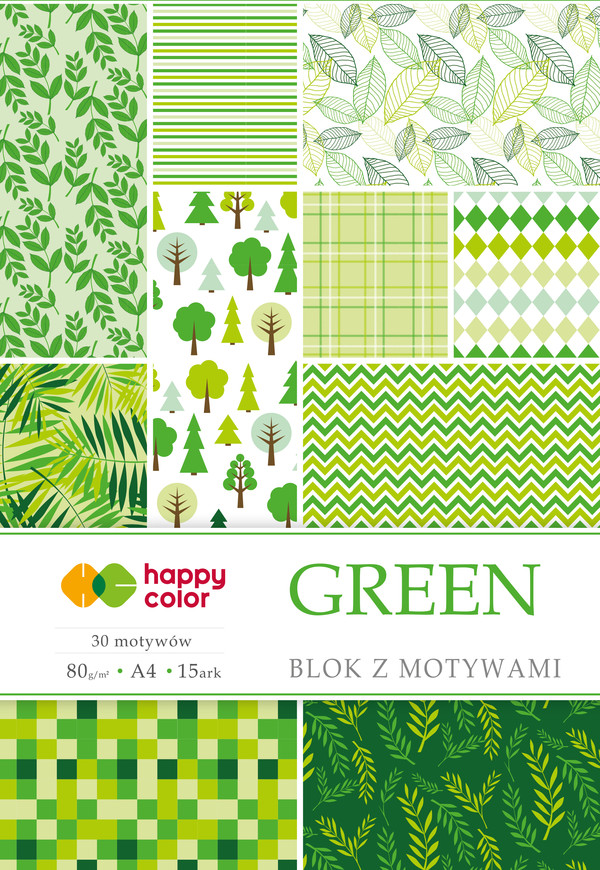 Blok happy color z motywami green a4 15 arkuszy 80g/m2, 30 motywów