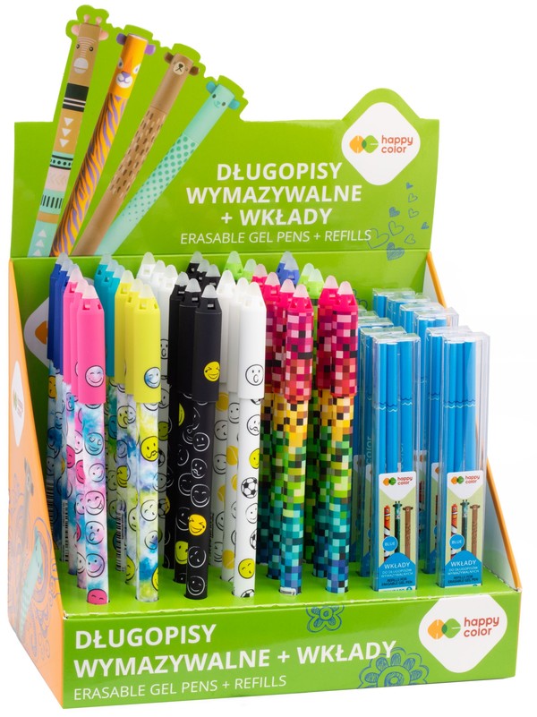 Display długopis wymazywalny mix 2 0.5mm niebieski happy color 36 szt. + wkłady 12 etui