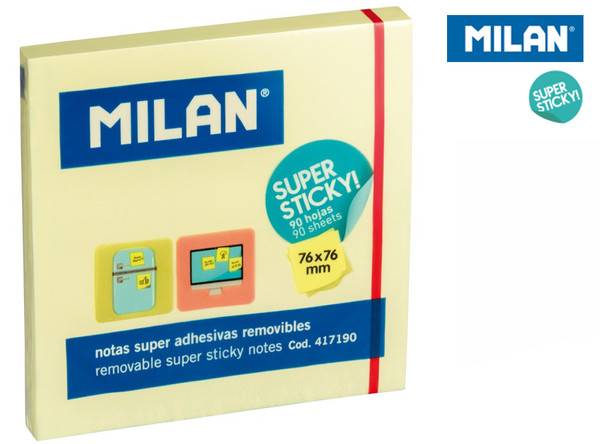 Karteczki samoprzylepne milan super sticky mocny klej 76x76 90 szt.