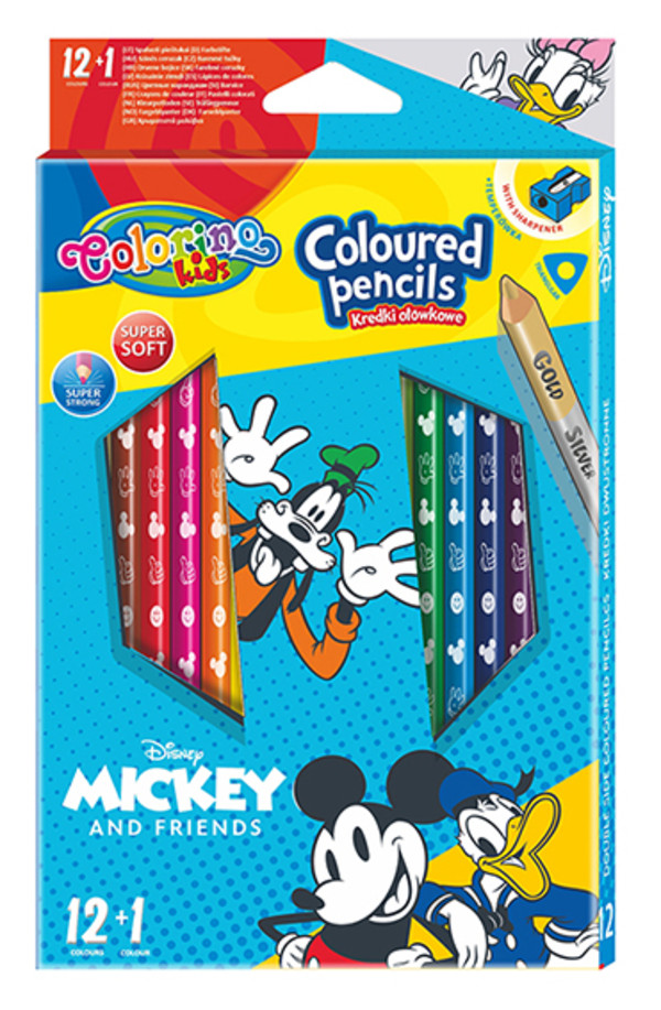 Kredki ołówkowe trójkątne colorino kids 13 kolorów 12 sztuk z temperówką mickey