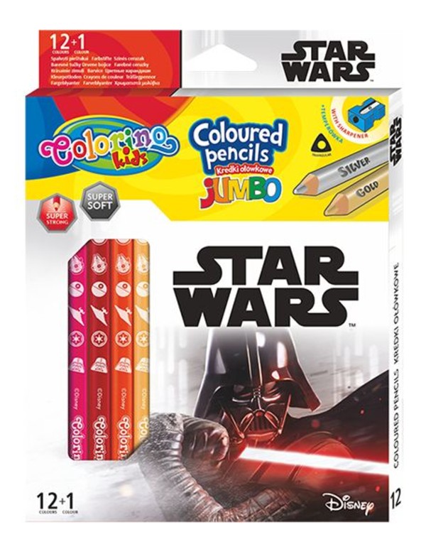 Kredki ołówkowe trójkątne jumbo star wars colorino kids 13 kolorów 12 sztuk z temperówką