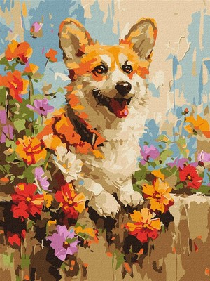 Malowanie po numerach - Corgi w kwiatach 30x40 cm