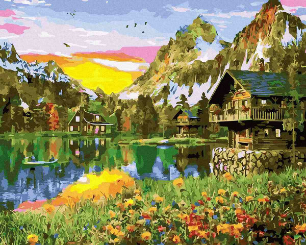 Malowanie po numerach Wieś nad jeziorem górskim