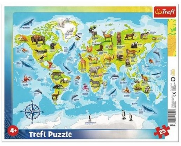 Puzzle ramkowe Mapa świata ze zwierzętami - 25 elementów