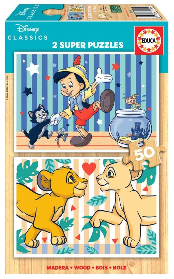 Puzzle drewniane Pinokio i Król Lew 2x50 elementów