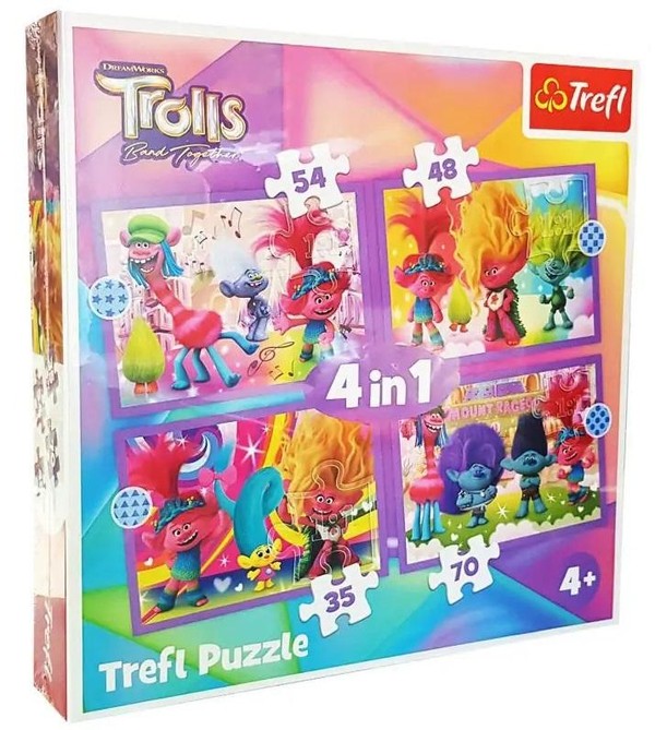 Puzzle 4w1 Przygody kolorowych Trolli 35,48,54,70 elementów