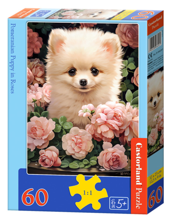 Puzzle Szczeniak Pomeranian w różach 60 elementów