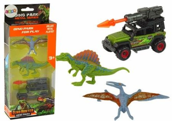 Zestaw Dinozaury 2 sztuki i auto z rakietą pomarańczową